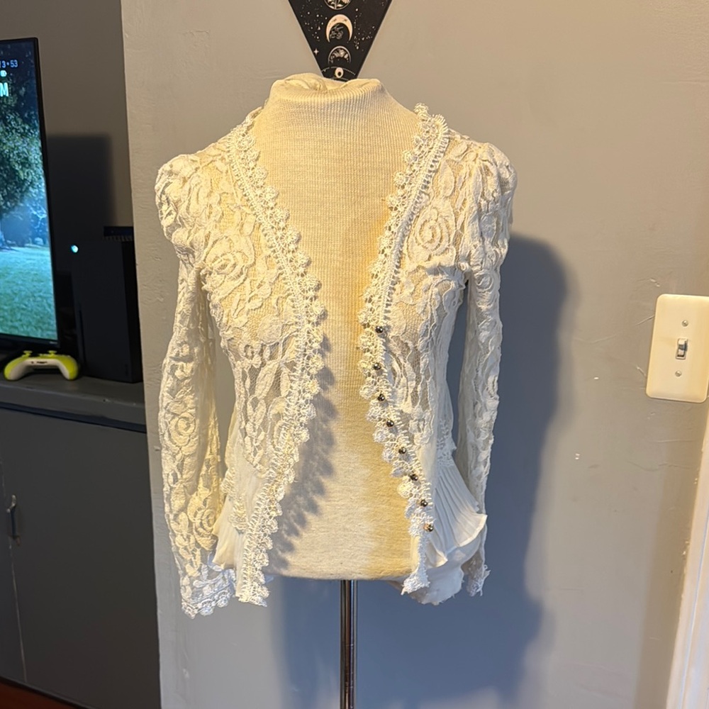 White Lace Cardigan Sweater with Intricate Pattern